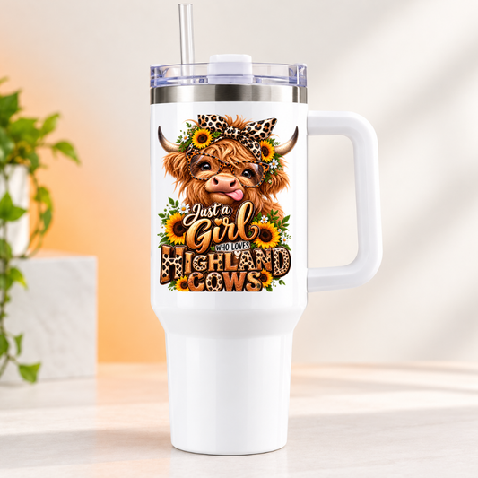 Cute Highland Cow Travel Tumbler "Just A Girl Who Loves Highland Cows" Graphic 40oz Stainless Steel Insulated Travel Mug with Handle & Straw â€“ Cheeky Calf with Glasses, Leopard Bow & Sunflowers Novelty Travel Cup | Fast Dispatch by UK Seller (T3001)