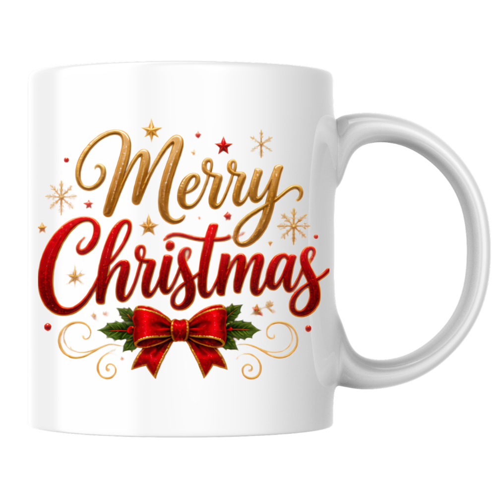 Christmas Mug "Merry Christmas Red Ribbon & Gold Stars" Merry Christmas 325ml Ceramic Coffee Mug – Festive Typography Mug with Red Bow, Holly Gold Stars Holiday Gift | Available in Multicolours | Fast Dispatch by UK Seller (M3311)