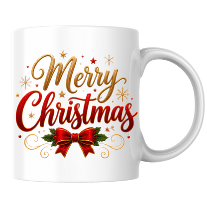Christmas Mug "Merry Christmas Red Ribbon & Gold Stars" Merry Christmas 325ml Ceramic Coffee Mug – Festive Typography Mug with Red Bow, Holly Gold Stars Holiday Gift | Available in Multicolours | Fast Dispatch by UK Seller (M3311)