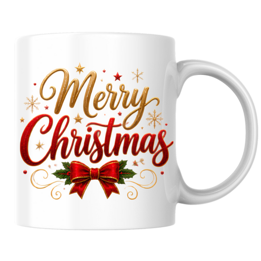 Christmas Mug "Merry Christmas Red Ribbon & Gold Stars" Merry Christmas 325ml Ceramic Coffee Mug – Festive Typography Mug with Red Bow, Holly Gold Stars Holiday Gift | Available in Multicolours | Fast Dispatch by UK Seller (M3311)