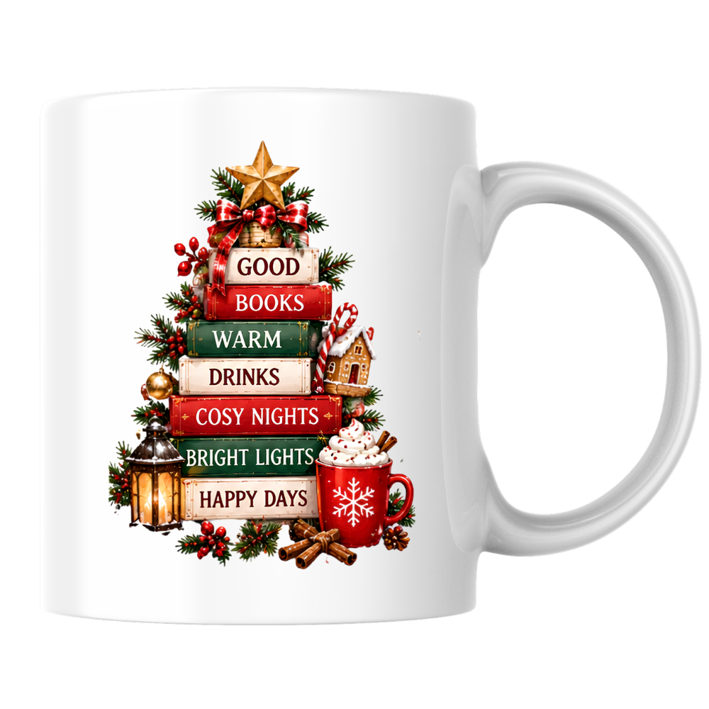 Book Tree Christmas Mug "Good Books Warm Drinks Cosy Nights" Good Books Warm Drinks Cosy Nights 325ml Ceramic Coffee Mug – Festive Christmas Book Stack Tree with Golden Star & Holiday Elements | Winter Gift | Fast Dispatch by UK Seller (M3428)