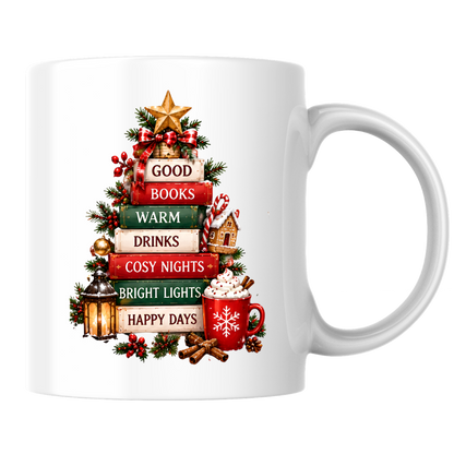 Book Tree Christmas Mug "Good Books Warm Drinks Cosy Nights" Good Books Warm Drinks Cosy Nights 325ml Ceramic Coffee Mug – Festive Christmas Book Stack Tree with Golden Star & Holiday Elements | Winter Gift | Fast Dispatch by UK Seller (M3428)