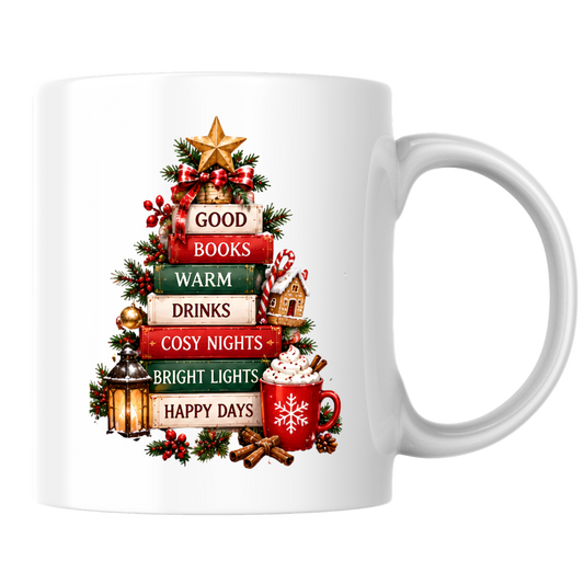Book Tree Christmas Mug "Good Books Warm Drinks Cosy Nights" Good Books Warm Drinks Cosy Nights 325ml Ceramic Coffee Mug – Festive Christmas Book Stack Tree with Golden Star & Holiday Elements | Winter Gift | Fast Dispatch by UK Seller (M3428)