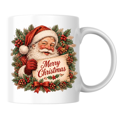 Vintage Santa Claus Christmas Scroll Mug "Merry Christmas" Vintage Santa Claus 325ml Ceramic Coffee Mug – Nostalgic Santa Claus holding Merry Christmas Scroll with Holly Wreath & Red Bow | Festive Holiday Gift | Fast Dispatch by UK Seller (M3414)