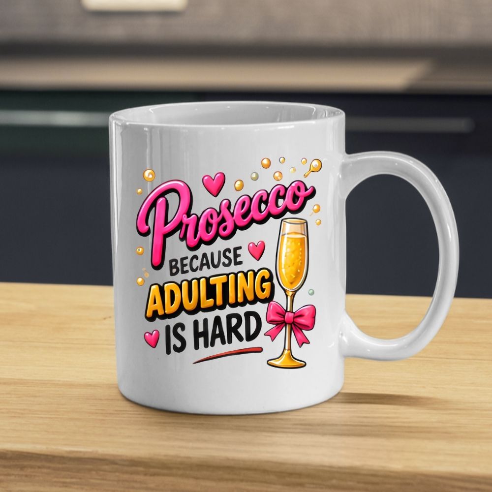 Humorous Mug "Prosecco Because Adulting Is Hard" 325ml Ceramic Coffee Mug Funny Wine Lover Tea Cup with Champagne Flute, Pink Bow & Bubbles Gift | Available in Multicolours | Fast Dispatch by UK Seller (M1303)