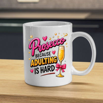Humorous Mug "Prosecco Because Adulting Is Hard" 325ml Ceramic Coffee Mug Funny Wine Lover Tea Cup with Champagne Flute, Pink Bow & Bubbles Gift | Available in Multicolours | Fast Dispatch by UK Seller (M1303)