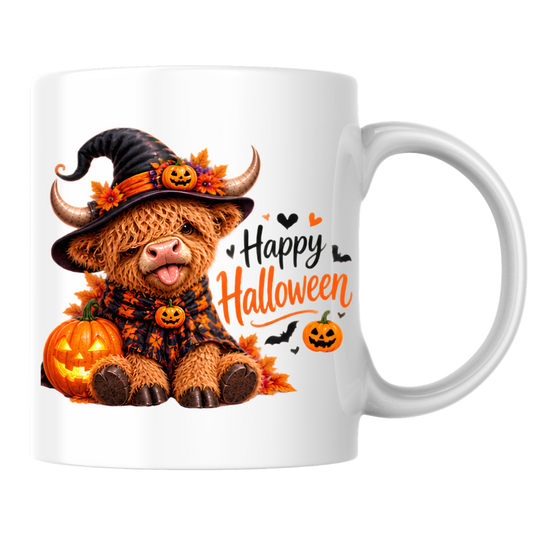 Halloween Mug "Cute Witch Happy Halloween" Cute Witchy Highland Cow 325ml Ceramic Coffee Mug – Whimsical Halloween Tea Cup with Pumpkin Bat Graphic Gift | Available in Multicolours | Fast Dispatch by UK Seller (M3164)