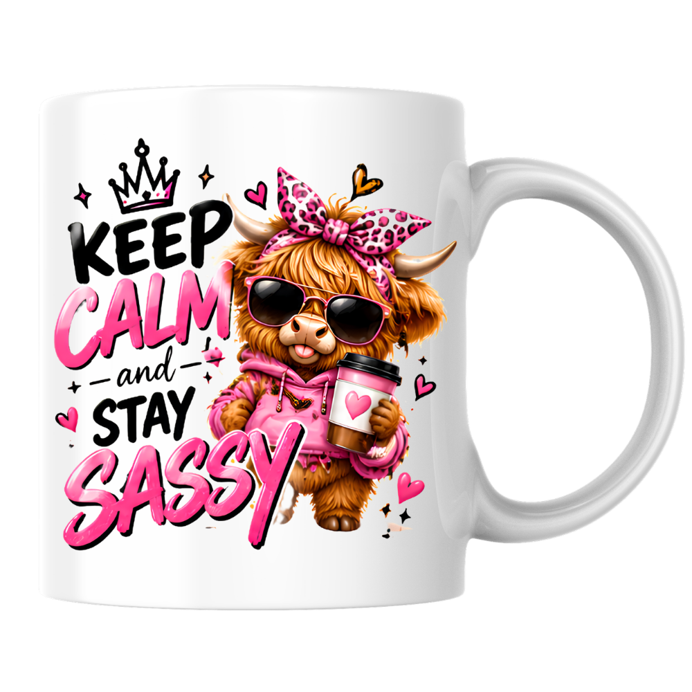 Highland Cow Mug "Keep Calm And Stay Sassy" 325ml Ceramic Coffee Tea Cup – Pink Leopard Bow, Hoodie, Coffee & Slogan Novelty Gift for Bestie, Women, Birthday – Fast Dispatch by UK Seller (M3503)