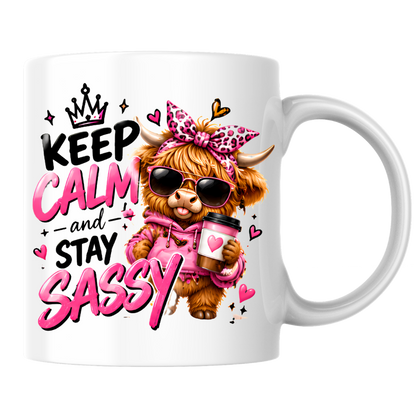 Highland Cow Mug "Keep Calm And Stay Sassy" 325ml Ceramic Coffee Tea Cup – Pink Leopard Bow, Hoodie, Coffee & Slogan Novelty Gift for Bestie, Women, Birthday – Fast Dispatch by UK Seller (M3503)