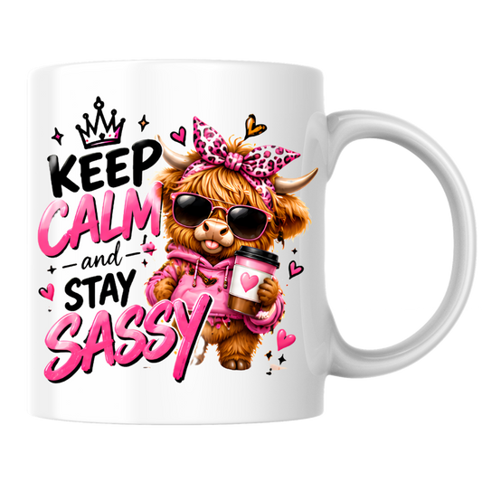 Highland Cow Mug "Keep Calm And Stay Sassy" 325ml Ceramic Coffee Tea Cup – Pink Leopard Bow, Hoodie, Coffee & Slogan Novelty Gift for Bestie, Women, Birthday – Fast Dispatch by UK Seller (M3503)