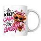 Highland Cow Mug "Keep Calm And Stay Sassy" 325ml Ceramic Coffee Tea Cup – Pink Leopard Bow, Hoodie, Coffee & Slogan Novelty Gift for Bestie, Women, Birthday – Fast Dispatch by UK Seller (M3503)