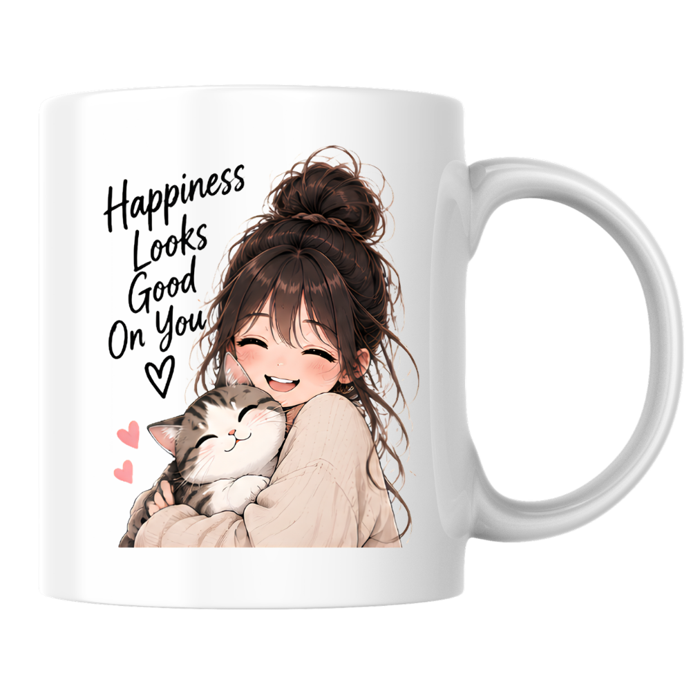 Inspirational Anime Mug "Happiness Looks Good On You" Cute Anime Girl & Cat 325ml Ceramic Coffee Mug Wholesome Kitten Tea Cup with Cute Girl Hugging Cat Graphic Gift | Available in Multicolours | Fast Dispatch by UK Seller (M3024)
