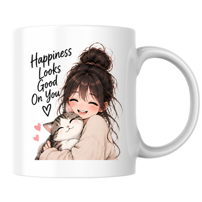 Inspirational Anime Mug "Happiness Looks Good On You" Cute Anime Girl & Cat 325ml Ceramic Coffee Mug Wholesome Kitten Tea Cup with Cute Girl Hugging Cat Graphic Gift | Available in Multicolours | Fast Dispatch by UK Seller (M3024)