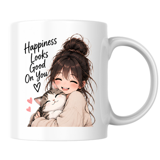Inspirational Anime Mug "Happiness Looks Good On You" Cute Anime Girl & Cat 325ml Ceramic Coffee Mug Wholesome Kitten Tea Cup with Cute Girl Hugging Cat Graphic Gift | Available in Multicolours | Fast Dispatch by UK Seller (M3024)