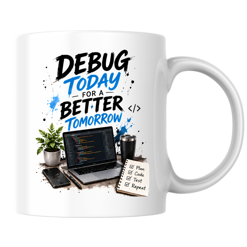 Tech Mug "Debug Today For A Better Tomorrow" Debug Today For A Better Tomorrow 325ml Ceramic Coffee Mug – Developer Desk Mug with Laptop Code, Smartphone & Plan Code Test Repeat Notepad | IT Gift | Fast Dispatch by UK Seller (M3331)