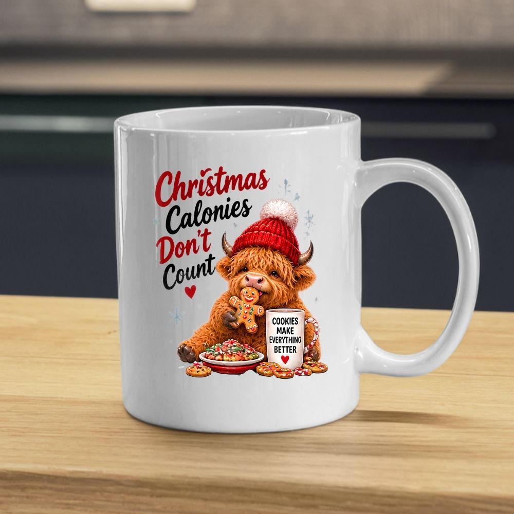 Festive Mug "Christmas Calories Don't Count" Highland Cow 325ml Ceramic Coffee Mug Cute Holiday Tea Cup with Gingerbread Man, Beanie & Cookies Gift | Available in Multicolours | Fast Dispatch by UK Seller (M1296)