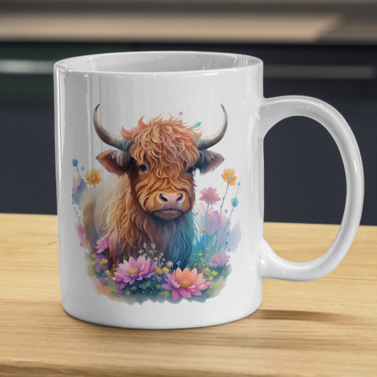 Watercolor Floral Highland Cow Coffee Mug - Peaceful Farm Animal Ceramic Tea Cup with Wildflowers & Rustic Spring Decor Gift (M1211)