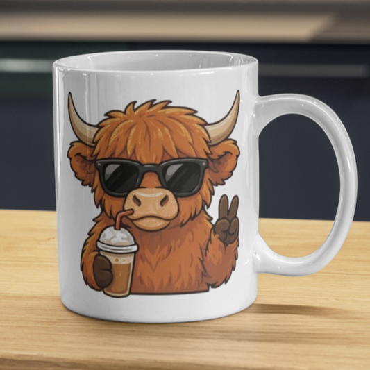 Cool Highland Cow Drinking Iced Coffee Mug - Cute Animated Farm Animal Ceramic Tea Cup with Sunglasses & Peace Sign (M1203)