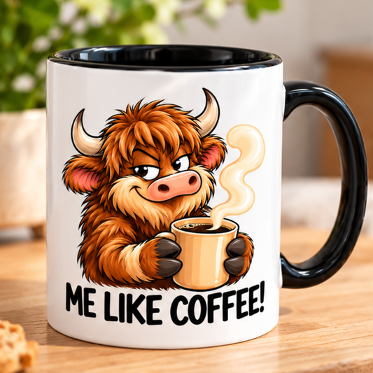 Funny Highland Cow Coffee Mug "ME LIKE COFFEE!" –  Cute Cheeky Cow Cartoon 350ml Ceramic Cup with Black Handle, 11oz, Funny Coffee Quote Mug for Coffee Lovers, Unique Novelty Gift for Him Her, Home Office Coffee Breaks | Fast Dispatch by UK Seller (M1106)