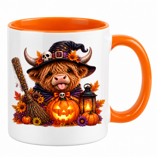 Halloween Mug "Cute Witch Highland Cow" Cute Witch Highland Cow 325ml Ceramic Coffee Mug – Halloween Autumn Tea Cup with Witch Hat, Jack-o Lantern Broom Lantern Autumn Leaves Graphic Gift | Available in Multicolours | Fast Dispatch by UK Seller (M3200)