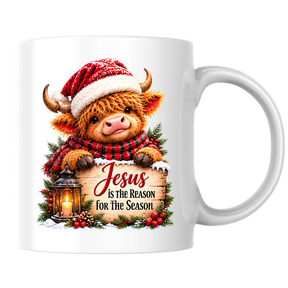 Religious Christmas Mug "Jesus Is The Reason For The Season" Highland Cow Jesus Is The Reason For The Season 325ml Ceramic Coffee Mug – Cute Highland Cow Santa Mug with Sign, Lantern & Berries | Festive Religious Gift | Fast Dispatch by UK Seller (M3351)