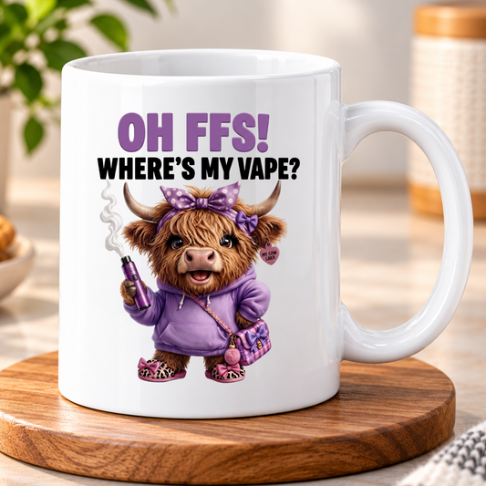 Funny Mug Highland Cow "OH! Where's My V" Female Purple Hoodie Cartoon Ceramic Coffee Cup 350ml, Cute Scottish Cow Pink Bow Novelty Gift for Her Mum Sister Girlfriend Best Friend, Birthday Christmas Secret Santa | Fast Dispatch by UK Seller (M1205)