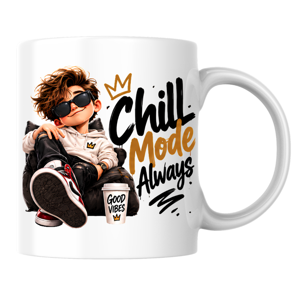 Chill Mug "Chill Mode Always" 325ml Ceramic Coffee Tea Cup – Cool Boy Graphic, Sunglasses, Hoodie & Good Vibes Slogan Novelty Gift for Bestie, Teens, Birthday – Fast Dispatch by UK Seller (M3497)