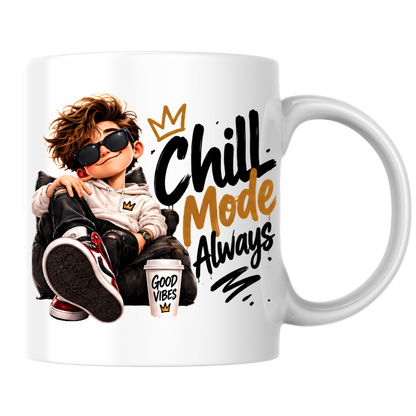 Chill Mug "Chill Mode Always" 325ml Ceramic Coffee Tea Cup – Cool Boy Graphic, Sunglasses, Hoodie & Good Vibes Slogan Novelty Gift for Bestie, Teens, Birthday – Fast Dispatch by UK Seller (M3497)