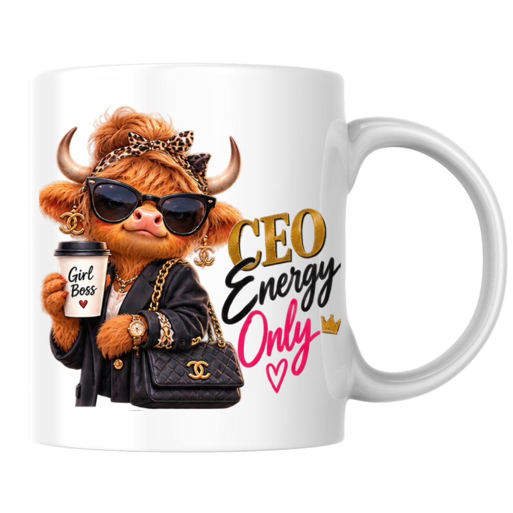 Boss Lady Mug "CEO Energy Only Highland Cow" CEO Energy Only Highland Cow 325ml Ceramic Coffee Mug – Glamorous Girl Boss Tea Cup with Sunglasses Leopard Headband Coffee Graphic Gift | Available in Multicolours | Fast Dispatch by UK Seller (M3194)