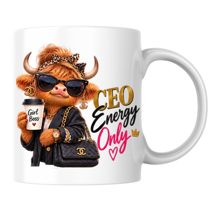 Boss Lady Mug "CEO Energy Only Highland Cow" CEO Energy Only Highland Cow 325ml Ceramic Coffee Mug – Glamorous Girl Boss Tea Cup with Sunglasses Leopard Headband Coffee Graphic Gift | Available in Multicolours | Fast Dispatch by UK Seller (M3194)