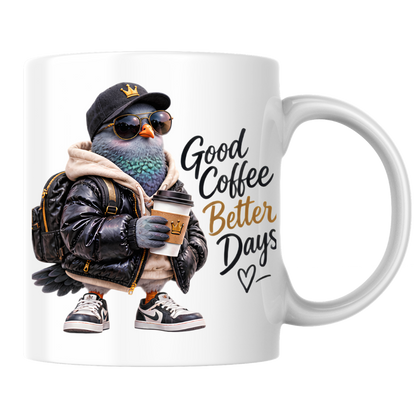 Coffee Mug "Good Coffee Better Days Cool Pigeon" 325ml Ceramic Coffee Mug – Cool Pigeon in Cap, Sunglasses, Puffer Jacket Sneakers Funny Streetwear Bird Mug Gift For Coffee Lovers Friends | Available in Multicolours | Fast Dispatch by UK Seller (M3234)