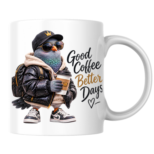 Coffee Mug "Good Coffee Better Days Cool Pigeon" 325ml Ceramic Coffee Mug – Cool Pigeon in Cap, Sunglasses, Puffer Jacket Sneakers Funny Streetwear Bird Mug Gift For Coffee Lovers Friends | Available in Multicolours | Fast Dispatch by UK Seller (M3234)