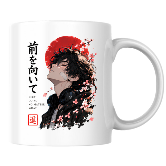 Inspirational Anime Boy Mug "KEEP GOING No Matter What" Red Sun & Headphones 325ml Ceramic Coffee Mug – Aesthetic Mindful Tea Cup with Japanese Kanji Cherry Blossom Graphic Gift | Available in Multicolours | Fast Dispatch by UK Seller (M3044)
