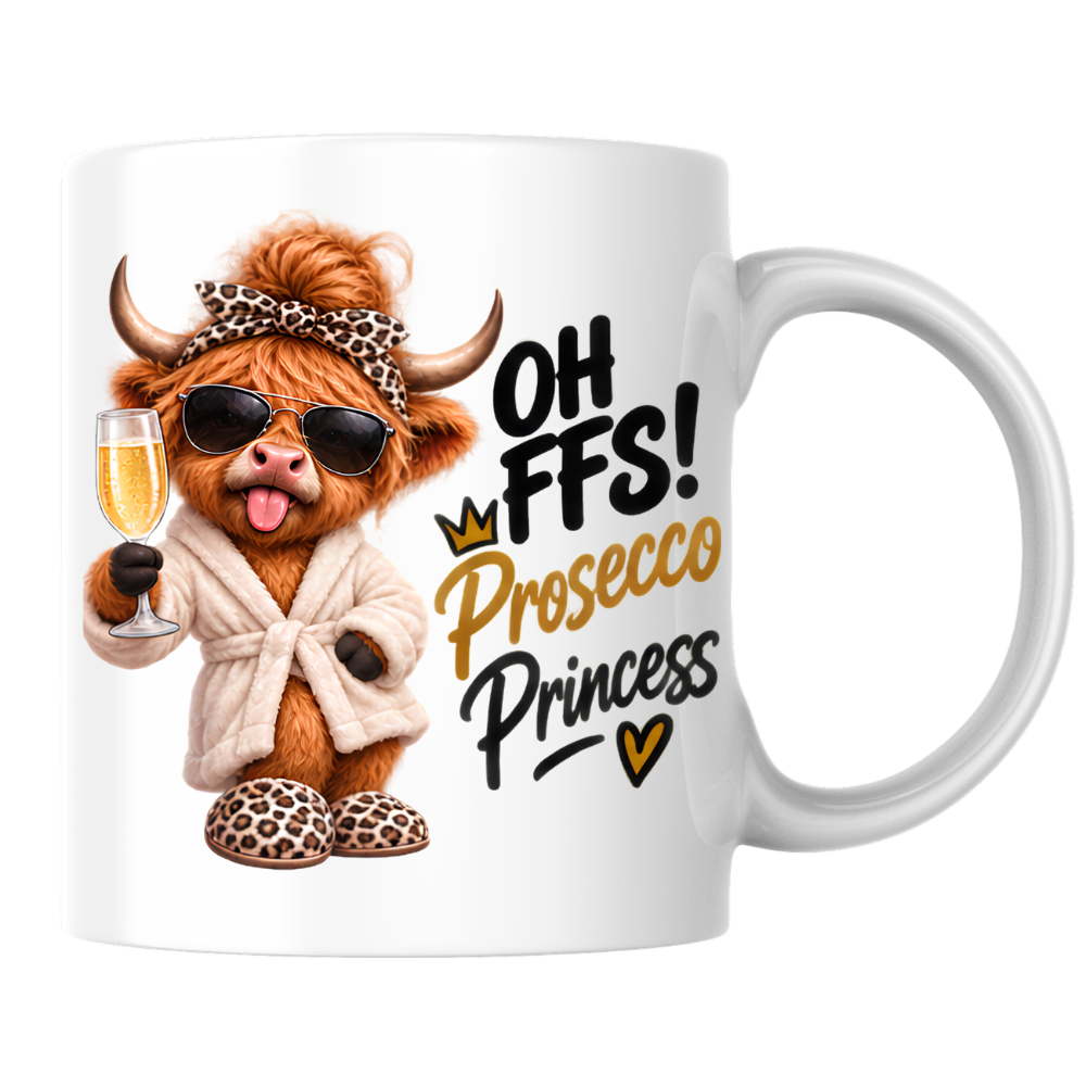 Highland Cow Prosecco Princess Mug "Oh FFS! Prosecco Princess" Oh FFS! Prosecco Princess 325ml Ceramic Coffee Mug – Cute Highland Cow in Bathrobe, Leopard Bow & Slippers holding Champagne Flute | Funny Gift | Fast Dispatch by UK Seller (M3393)