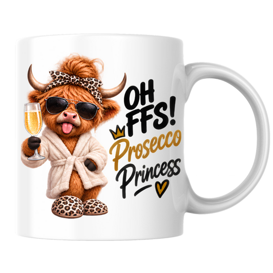 Highland Cow Prosecco Princess Mug "Oh FFS! Prosecco Princess" Oh FFS! Prosecco Princess 325ml Ceramic Coffee Mug – Cute Highland Cow in Bathrobe, Leopard Bow & Slippers holding Champagne Flute | Funny Gift | Fast Dispatch by UK Seller (M3393)