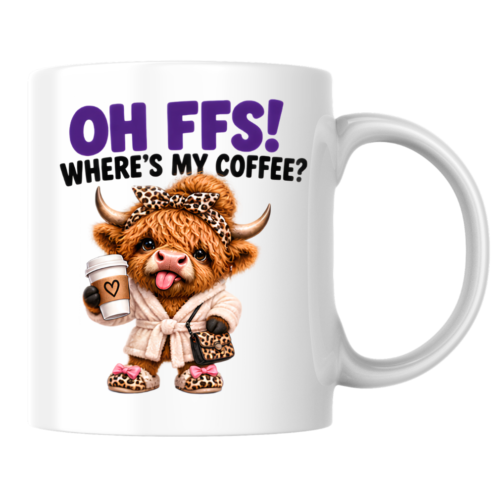 Highland Cow Coffee Mug "OH FFS! Where's My Coffee?" Oh Ffs! Where's My Coffee? 325ml Ceramic Coffee Mug – Cute Highland Cow in Bathrobe with Leopard Bow, Slippers & Coffee Cup | Funny Gift | Fast Dispatch by UK Seller (M3377)