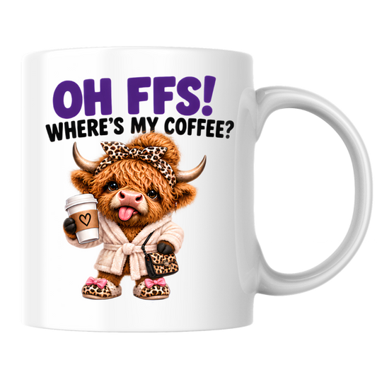 Highland Cow Coffee Mug "OH FFS! Where's My Coffee?" Oh Ffs! Where's My Coffee? 325ml Ceramic Coffee Mug – Cute Highland Cow in Bathrobe with Leopard Bow, Slippers & Coffee Cup | Funny Gift | Fast Dispatch by UK Seller (M3377)