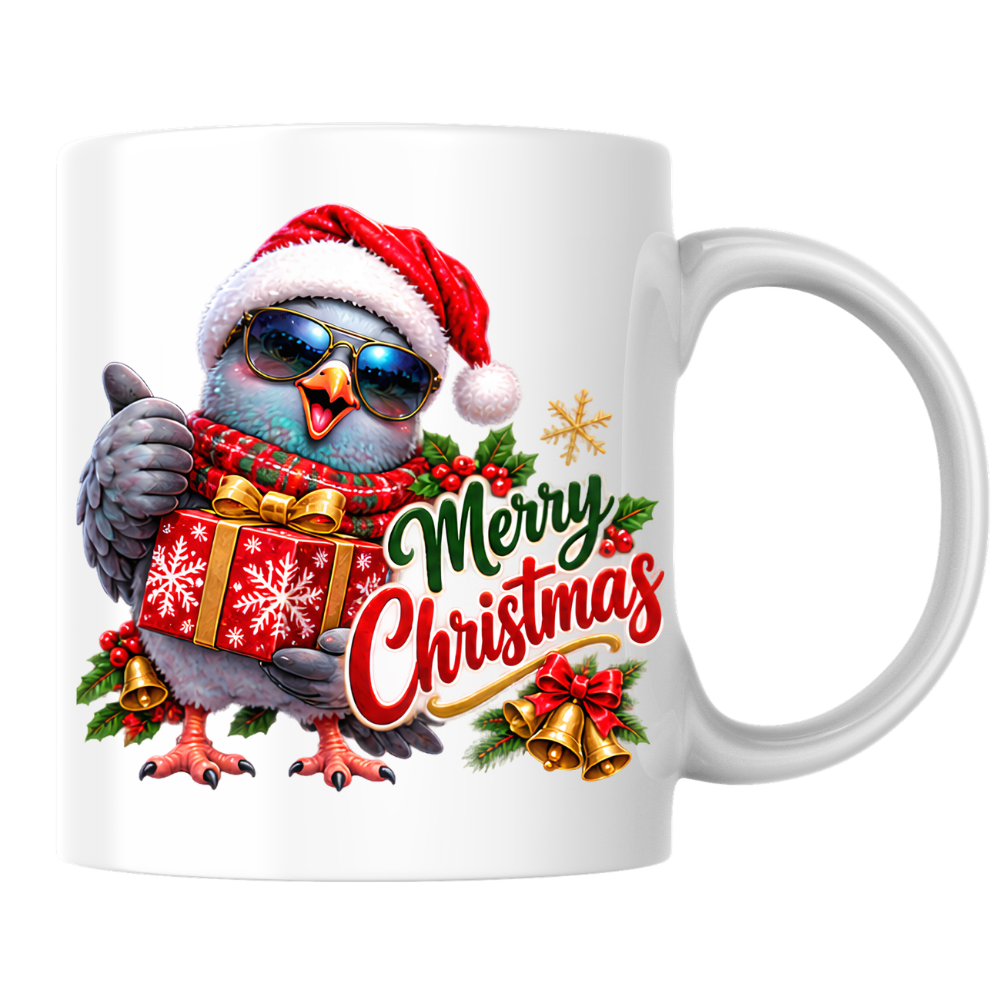 Christmas Mug "Merry Christmas Cool Pigeon" Merry Christmas 325ml Ceramic Coffee Mug – Cool Winking Pigeon in Santa Hat, Sunglasses, Scarf Holding Wrapped Christmas Gift Festive Holiday Gift | Available in Multicolours | Fast Dispatch by UK Seller (M3265)