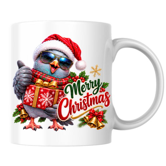 Christmas Mug "Merry Christmas Cool Pigeon" Merry Christmas 325ml Ceramic Coffee Mug – Cool Winking Pigeon in Santa Hat, Sunglasses, Scarf Holding Wrapped Christmas Gift Festive Holiday Gift | Available in Multicolours | Fast Dispatch by UK Seller (M3265)