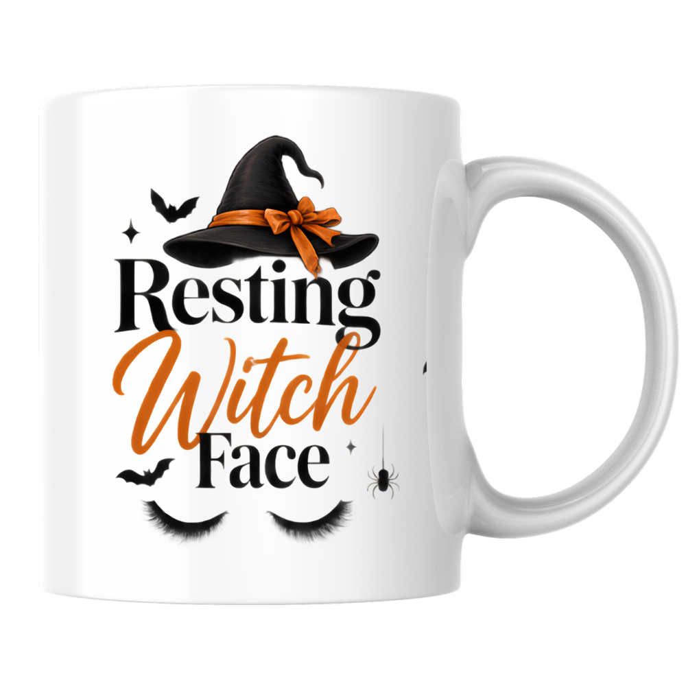 Halloween Mug "Resting Witch Face" Witch Hat 325ml Ceramic Coffee Mug – Sassy Eyelashes Tea Cup with Bow & Spider Graphic Gift | Available in Multicolours | Fast Dispatch by UK Seller (M3076)
