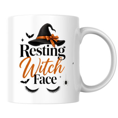 Halloween Mug "Resting Witch Face" Witch Hat 325ml Ceramic Coffee Mug – Sassy Eyelashes Tea Cup with Bow & Spider Graphic Gift | Available in Multicolours | Fast Dispatch by UK Seller (M3076)