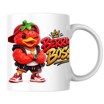 Boss Mug "Berry Boss Cool Strawberry Duck" 325ml Ceramic Coffee Mug – Cool Winking Strawberry Duck in Cap, Hoodie, Gold Chain, Watch Sneakers Streetwear Gift For Bosses Friends Coffee Lovers | Available in Multicolours | Fast Dispatch by UK Seller (M3258)