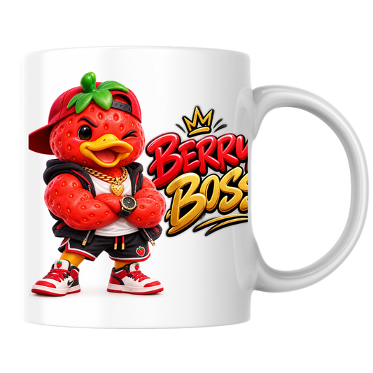 Boss Mug "Berry Boss Cool Strawberry Duck" 325ml Ceramic Coffee Mug – Cool Winking Strawberry Duck in Cap, Hoodie, Gold Chain, Watch Sneakers Streetwear Gift For Bosses Friends Coffee Lovers | Available in Multicolours | Fast Dispatch by UK Seller (M3258)