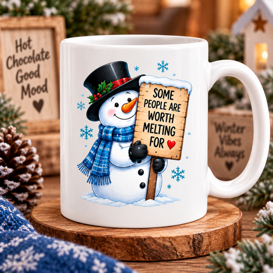 Heartwarming Mug "Some People Are Worth Melting For" Snowman Ceramic Coffee Mug – Cute Winter Holiday Tea Cup with Blue Scarf & Wooden Sign Quote Gift | Available in Multicolours | Fast Dispatch by UK Seller (M1233)