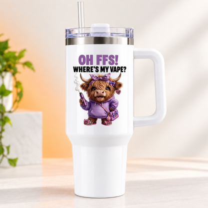 Funny Highland Cow 40oz Tumbler “OH FFS! Where’s My V?” – Boy & Girl Designs | Large White Reusable Travel Cup with Handle & Straw | Cheeky & Sarcastic Gift for Him, Her, Friends & Couples | Fast Dispatch by UK Seller (T1001)
