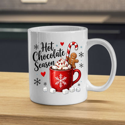 Cozy Mug "Hot Chocolate Season" Red Snowflake 325ml Ceramic Coffee Mug – Winter Holiday Tea Cup with Marshmallows, Gingerbread Man & Candy Cane | Available in Multicolours | Fast Dispatch by UK Seller (M1270)
