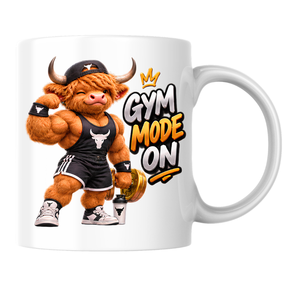 Gym Mug "Gym Mode ON Muscular Highland Cow" Gym Mode ON 325ml Ceramic Coffee Mug – Muscular Winking Highland Cow in Tank Top & Cap Flexing Bicep Holding Gold Dumbbell Shaker Gym Fitness Gift | Available in Multicolours | Fast Dispatch by UK Seller (M3271)