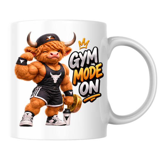Gym Mug "Gym Mode ON Muscular Highland Cow" Gym Mode ON 325ml Ceramic Coffee Mug – Muscular Winking Highland Cow in Tank Top & Cap Flexing Bicep Holding Gold Dumbbell Shaker Gym Fitness Gift | Available in Multicolours | Fast Dispatch by UK Seller (M3271)