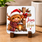 Festive Christian Christmas Coaster "Jesus Is My Hope Romans 15:13" Graphic Glossy Hardboard 9x9cm Drinks Mat – Highland Cow, Wooden Cross & Lantern Holiday Tableware Gift | Fast Dispatch by UK Seller (C3059)