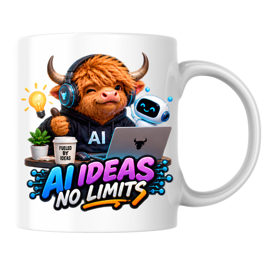 Tech Mug "AI Ideas No Limits Highland Cow" 325ml Ceramic Mug – Cute Highland Cow in Hoodie with Laptop, Headphones Little Robot Companion Modern Tech Gift For Developers AI Enthusiasts | Available in Multicolours | Fast Dispatch by UK Seller (M3228)